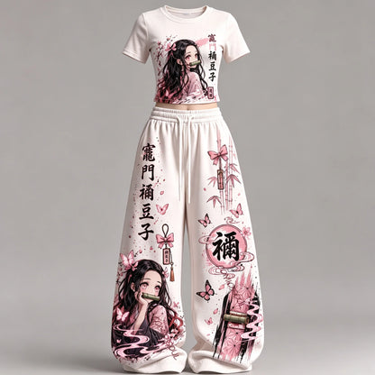 2026 Demon Slayer Summer Print 2 Piece Outfit Y2K Streetwear T Shirt + Wide Leg Pants Set Casual Sportswear Tracksuit Adult Kids