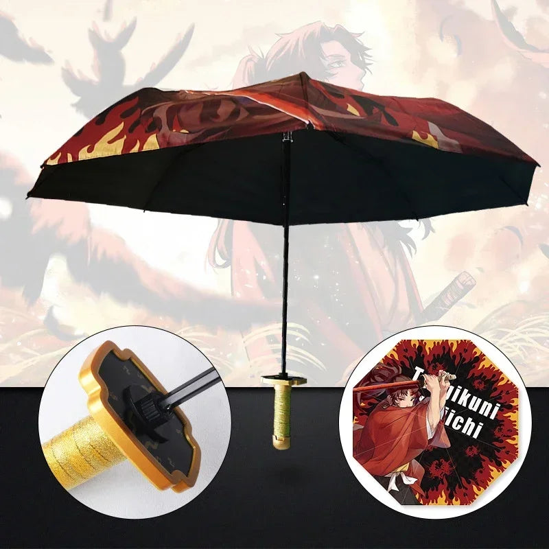 Demon Slayer Folding Katana Umbrella Tanjirou Zenitsu Anime UV Parasol Rain Gear Samurai Style Cosplay Display Photo Prop Decor