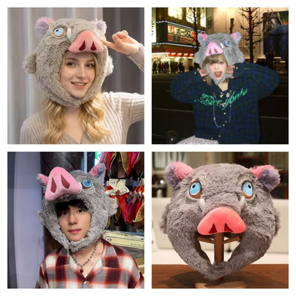 Anime Hashibira Inosuke Plush Hat Demon Slayer Cosplay Keep Warm Couple Caps Cute Y2K Headwear Accessories Cap Festival Gift