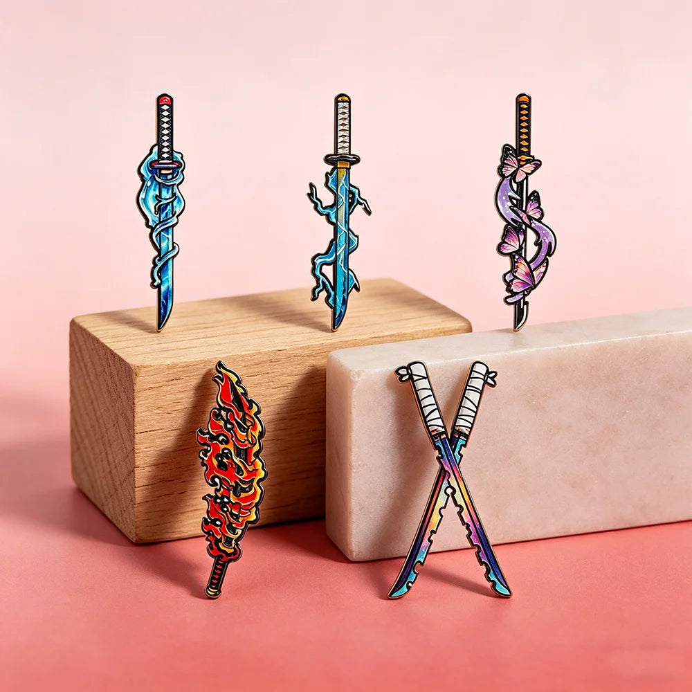 5Pcs Demon Slayer Nichirin Swords Enamel Pins Set Anime Cosplay Badges Collectible Brooches for Water Flame Thunder Hashira Fans
