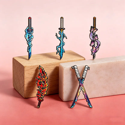 5Pcs Demon Slayer Nichirin Swords Enamel Pins Set Anime Cosplay Badges Collectible Brooches for Water Flame Thunder Hashira Fans