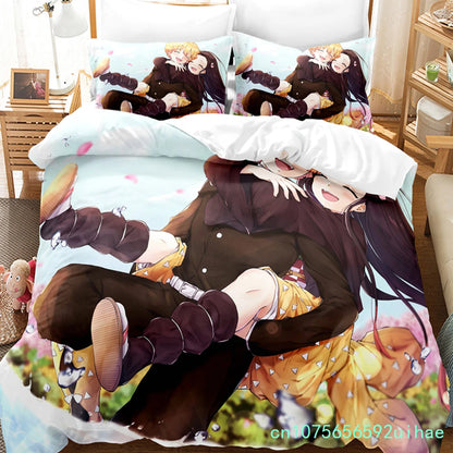 Kawaii Cartoon Demon Slayer Bedding Sets Duvet Cover Set With Pillowcase Twin Full Queen King Bedclothes Bed Linen Home Textiles