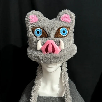 Anime Demon Slayer Two-Dimensional Cartoon Hood Hat Creative Personality Hashibira Inosuke Cosplay Plus Velvet Warm Knitted Hat
