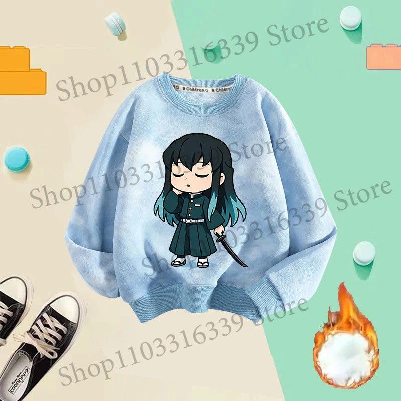 Demon Slayer Children Tie-dyed Sweatshirts Giyu Tomioka Nezuko Boy Girl Hoodie Anime Cute Pullover Fashion Tops Autumn Clothing