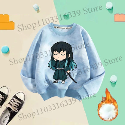 Demon Slayer Children Tie-dyed Sweatshirts Giyu Tomioka Nezuko Boy Girl Hoodie Anime Cute Pullover Fashion Tops Autumn Clothing