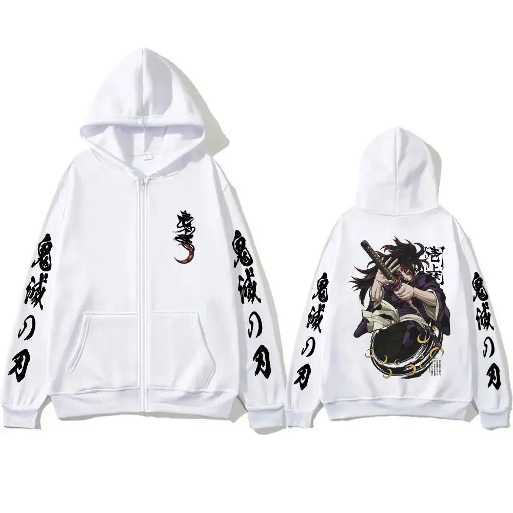 Anime Demon Slayer Kokushibo Zipper Hoodie Men Women Clothing Cartoon Fashion Zip Up Jacket Men's Oversized Zip Up Sweatshir