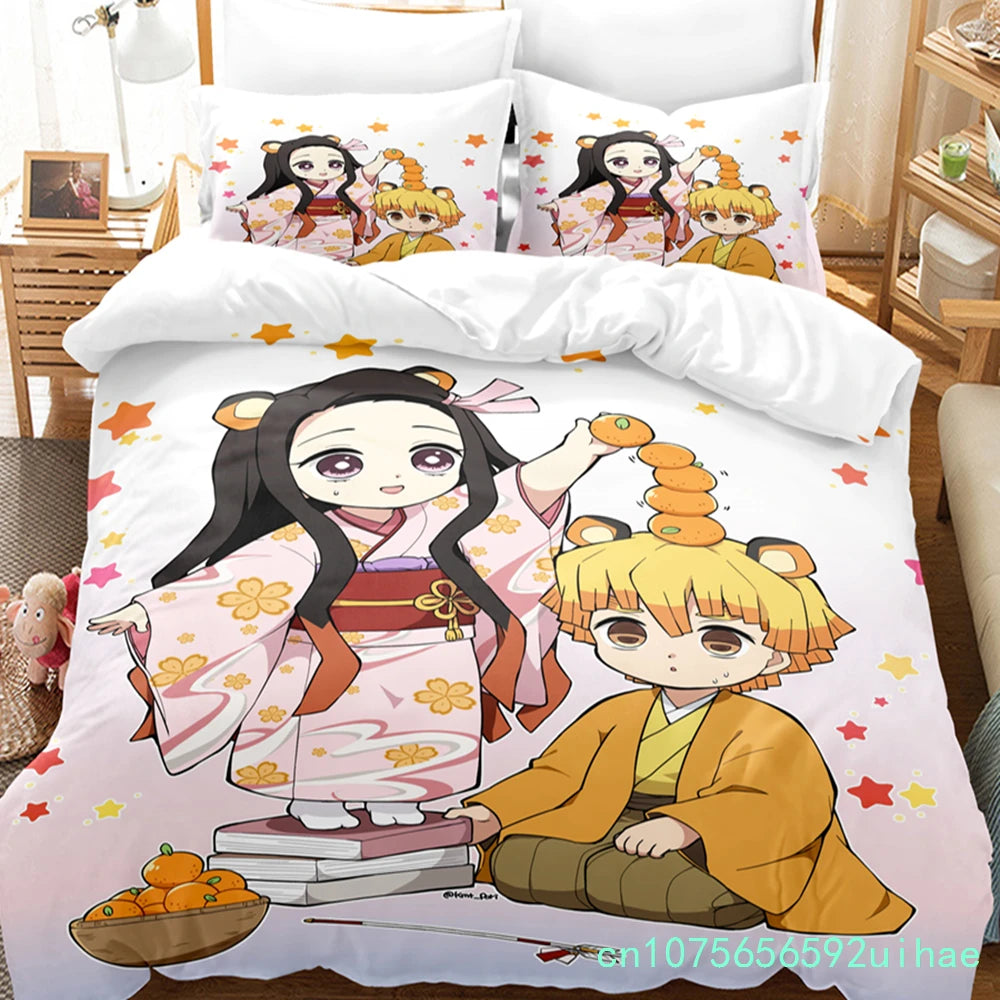 Kawaii Cartoon Demon Slayer Bedding Sets Duvet Cover Set With Pillowcase Twin Full Queen King Bedclothes Bed Linen Home Textiles