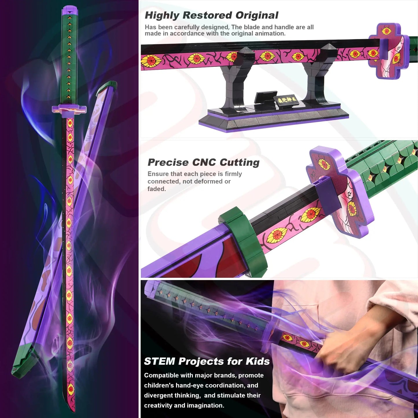 Demon Slayer Kokushibo Nichirin Sword Building Set, Anime Katana with Stand, Cosplay Collectible Model for Fans Teens Adults 14+