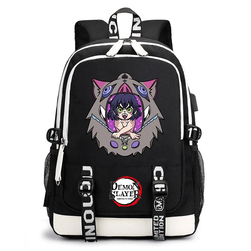 Demon Slayer Anime Print Student Backpack USB Charging Port Lightweight School Bag for Boys Girls