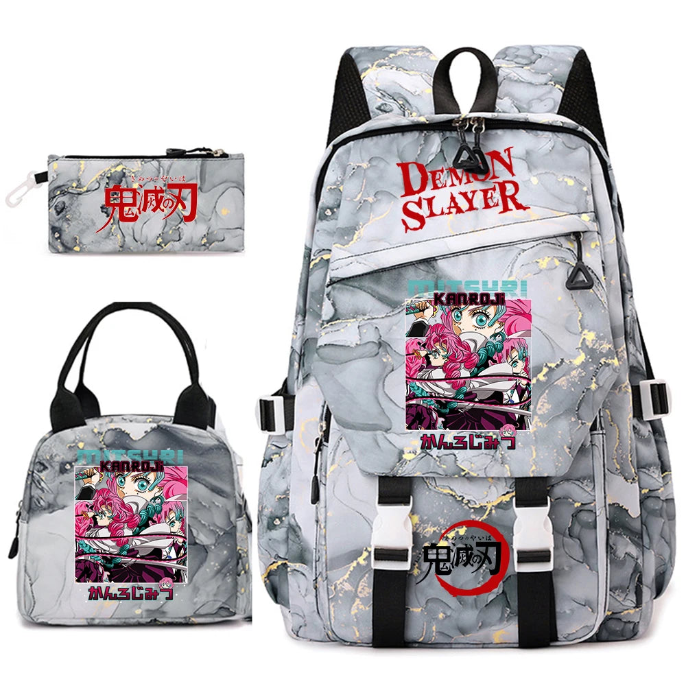 Demon Slayer Anime Backpack Set for Girls Demon Slayer 3Pcs School Bag Lunch Kit Pouch