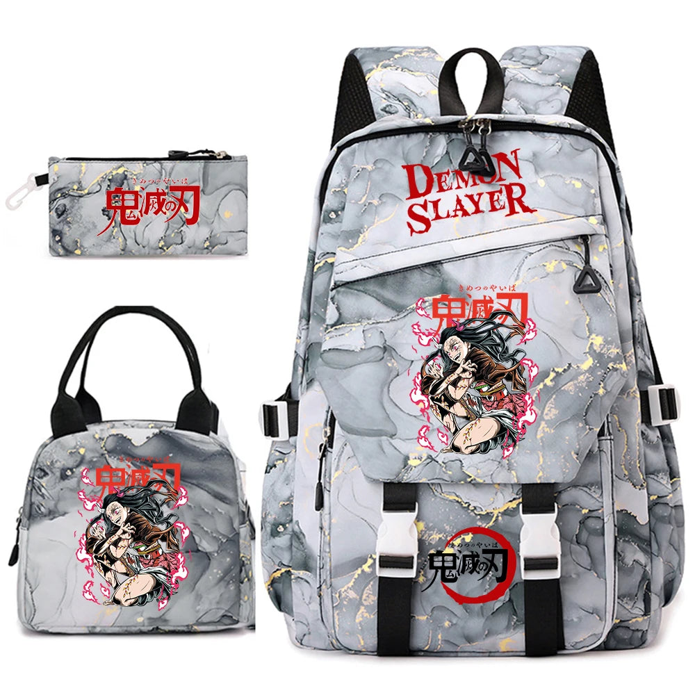 Demon Slayer Anime Backpack Set for Girls Demon Slayer 3Pcs School Bag Lunch Kit Pouch