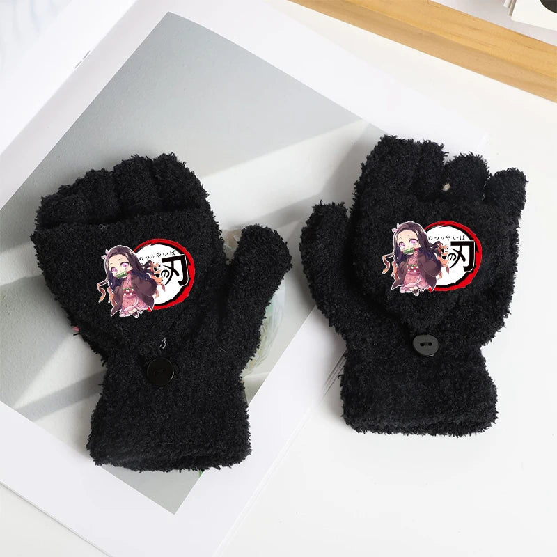 Demon Slayer Gloves Girl Boy Half Finger Flip Gloves Kamado Tanjirou Winter Outdoor Accessories Mittens Children Birthday Gifts