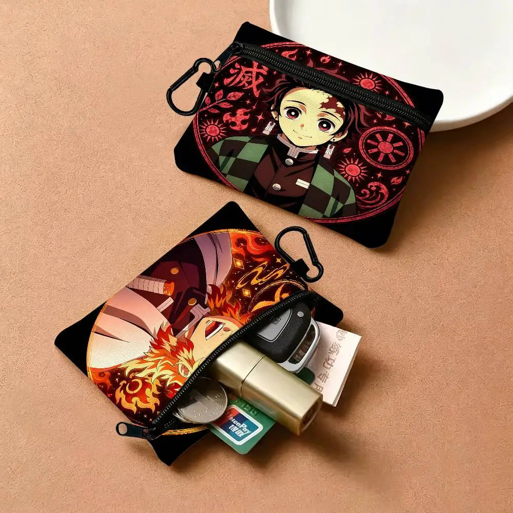 Anime Demon Slayer Multifunctional Oxford Cloth Small Pouch With Hook Mini Coin Wallet Earbud Storage Bag