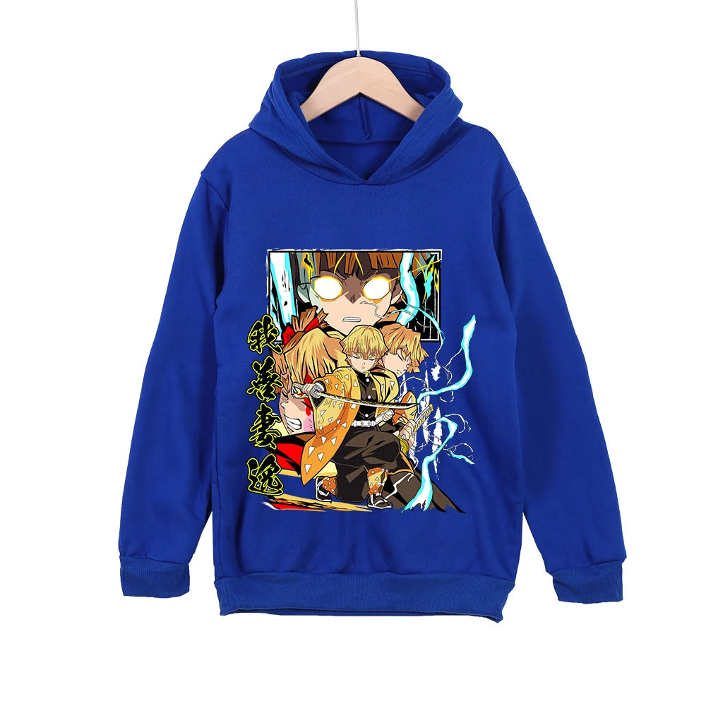 Kids Anime Demon Slayer Zenitsu Print Cotton Hoodie Unisex Boys Girls Pullover Sweatshirt Cosplay Costume for 3-12 Year Children