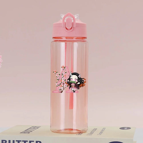 Demon Slayer Pink Water Bottle with Straw Cute Drinking Bottles Letter A-z Summer Sports Portable Water Cup Child Birthday Gift