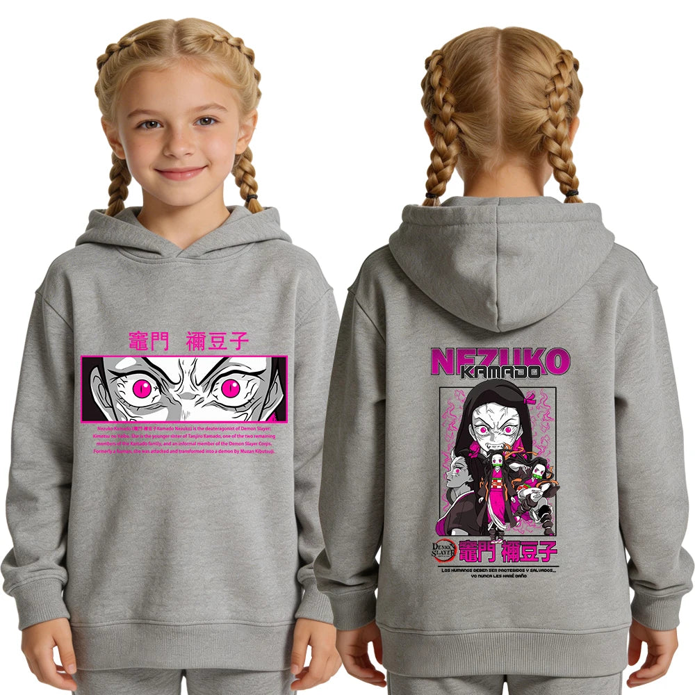Demon Slayer Nezuko Anime Print Hoodie for Girls Casual Pullover Sweatshirt Soft Breathable Loose Fit Spring Fall Youth Top