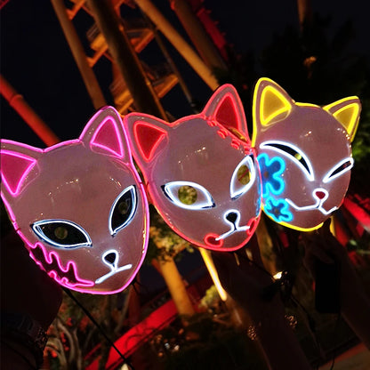 Glowing  Demon Slayer Mask Cosplay Japanese Cartoon Neon Light Samurai Mascara Luminous Led Fox Mask For Halloween Christmas
