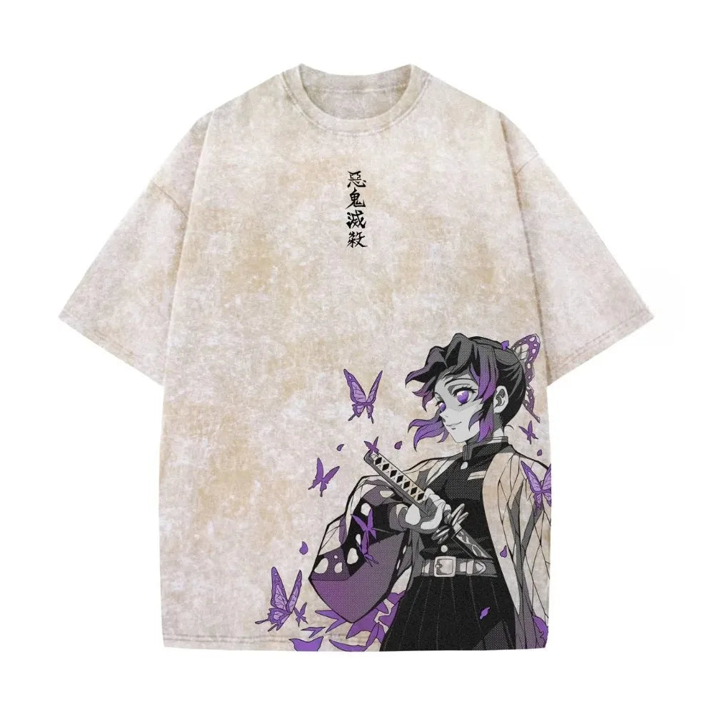 Demon Slayer Men's and Women's Washed T-Shirt Shinobu Kocho Summer Spring Anime Tee Retro Distressed High Quality Short Sleeve