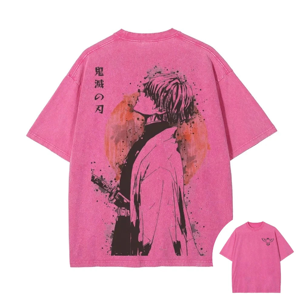 2026 Summer New Zenitsu Agatsuma Breath of Thunder Retro Washed Old T-shirt Demon Slayer 90s Street Style Short-sleeved Top