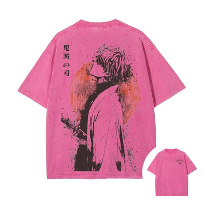 2026 Summer New Zenitsu Agatsuma Breath of Thunder Retro Washed Old T-shirt Demon Slayer 90s Street Style Short-sleeved Top