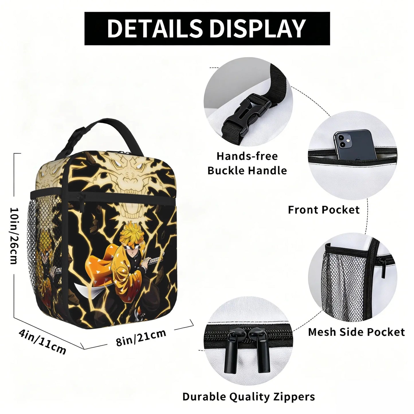 1 Piece Portable Lunch Container Lightning Warrior  Zipper Closure Durable Pocket Demon Slayer  For Lunch Lunch Box Bag