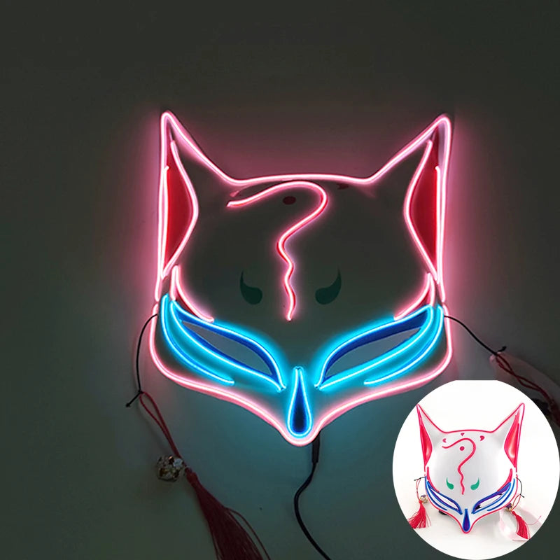 Glowing  Demon Slayer Mask Cosplay Japanese Cartoon Neon Light Samurai Mascara Luminous Led Fox Mask For Halloween Christmas
