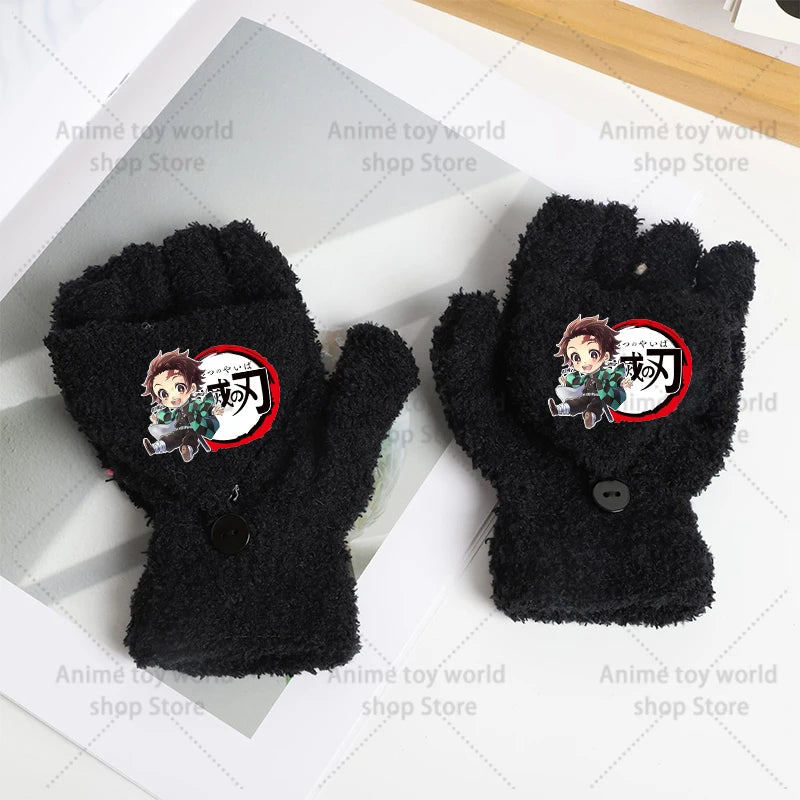 Demon Slayer Gloves Girl Boy Half Finger Flip Gloves Kamado Tanjirou Winter Outdoor Accessories Mittens Children Birthday Gifts