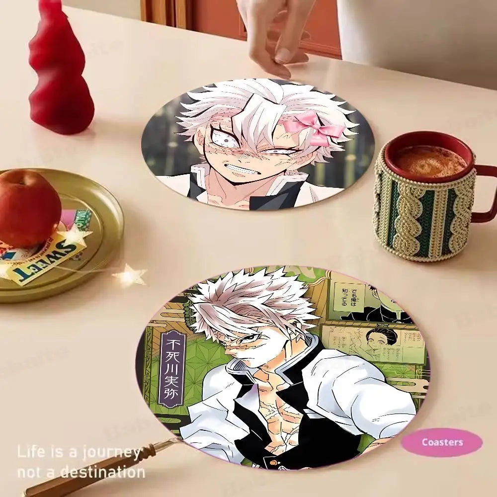 Cartoon Character Shinazugawa Sanemi Wood Coasters Round Coaster Non-slip Heat Insulation Coffee Mats Home Accessories Kitchen