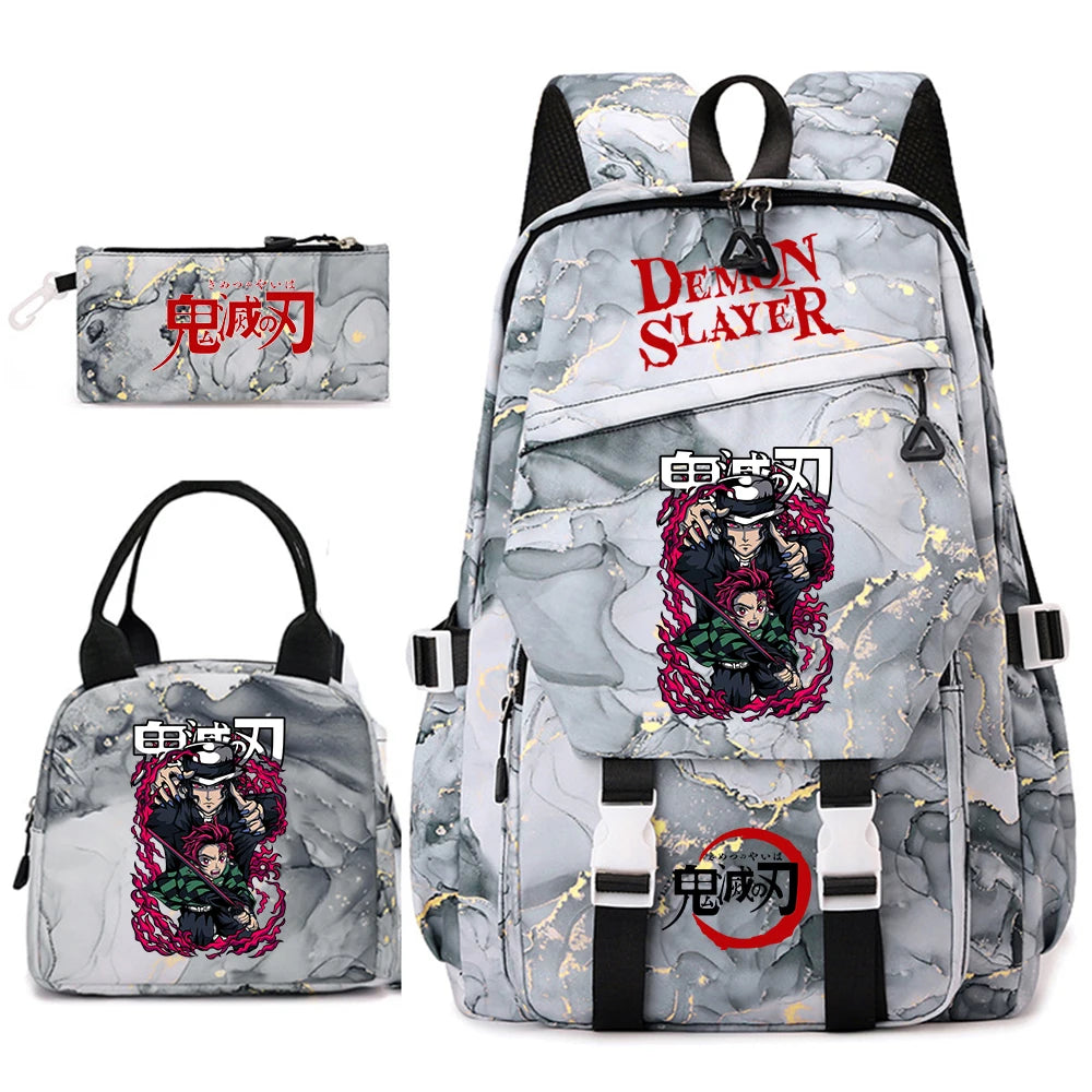 Demon Slayer Anime Backpack Set for Girls Demon Slayer 3Pcs School Bag Lunch Kit Pouch