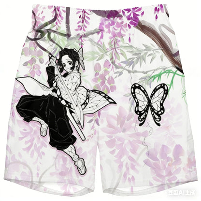 Demon Slayer Wisteria Shorts for Adults and Children, 3D Printed Beach Shorts of The Swordsman Under The Wisteria