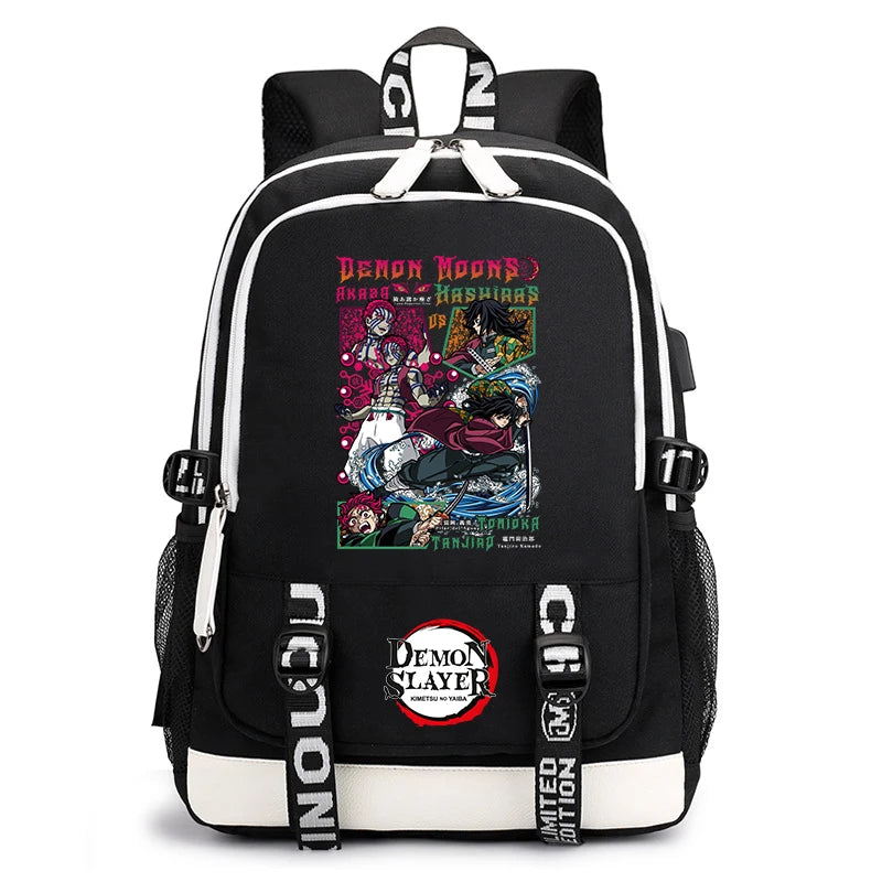 Demon Slayer Anime Print Student Backpack USB Charging Port Lightweight School Bag for Boys Girls