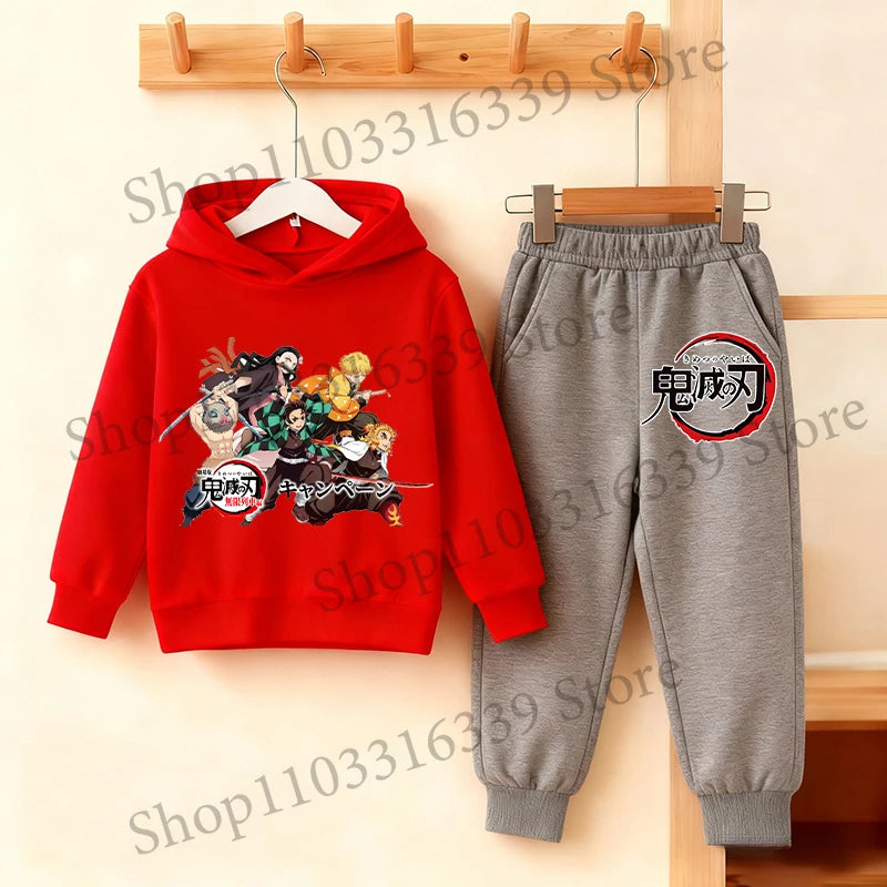 Demon Slayer Anime Hoodie Pants Set Children Hooded Sweatshirt Outerwear Pants Set Boys Girls Tops Autumn Pullover Clothing Gift