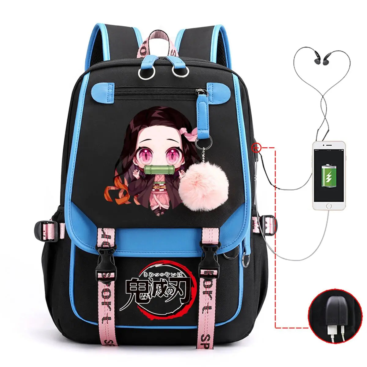 Anime Kamado Nezuko Print Backpacks Women Girls USB Charging Bags Large Capacity Children Teeneger Schoolbags Travel Bagpacks