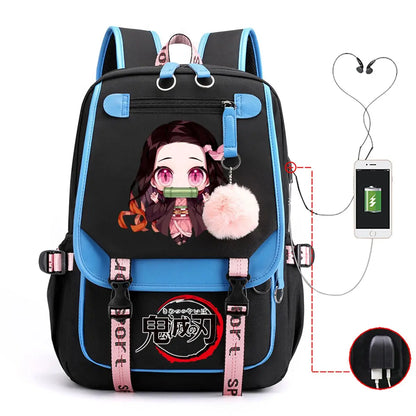 Anime Kamado Nezuko Print Backpacks Women Girls USB Charging Bags Large Capacity Children Teeneger Schoolbags Travel Bagpacks