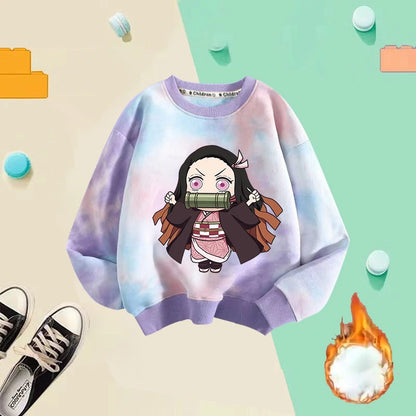 Demon Slayer Children Tie-dyed Sweatshirts Giyu Tomioka Nezuko Boy Girl Hoodie Anime Cute Pullover Fashion Tops Autumn Clothing