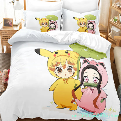 Kawaii Cartoon Demon Slayer Bedding Sets Duvet Cover Set With Pillowcase Twin Full Queen King Bedclothes Bed Linen Home Textiles
