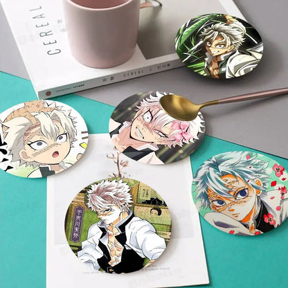 Cartoon Character Shinazugawa Sanemi Wood Coasters Round Coaster Non-slip Heat Insulation Coffee Mats Home Accessories Kitchen