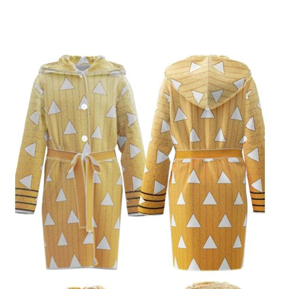 New Demon Slayer Rengoku Kyojuro Hooded Bathrobe Long Sleeve Tie Waist Loungewear Soft Absorbent Home Spa Robe Cosplay Sleepwear