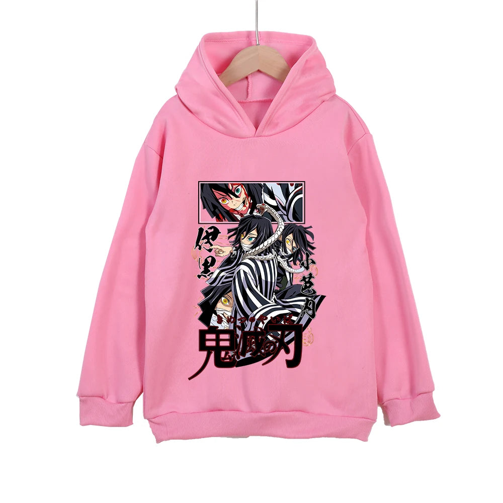 Demon Slayer Obanai Iguro Cotton Hooded Sweatshirt for Kids Unisex Anime Pullover Casual Wear 100-160cm