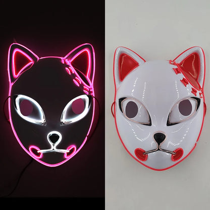 Glowing  Demon Slayer Mask Cosplay Japanese Cartoon Neon Light Samurai Mascara Luminous Led Fox Mask For Halloween Christmas