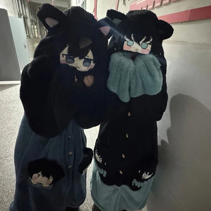 Y2K New Tokitou Muichiro Winter Pajama Anime Peripherals Demon Slayer Soft Plush Jumpsuit Kawaii Cosplay Nightwear Girls Gift