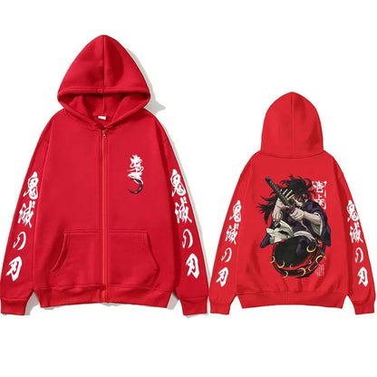 Anime Demon Slayer Kokushibo Zipper Hoodie Men Women Clothing Cartoon Fashion Zip Up Jacket Men's Oversized Zip Up Sweatshir
