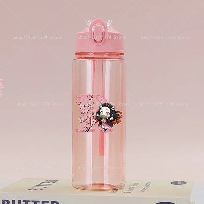 Demon Slayer Pink Water Bottle with Straw Cute Drinking Bottles Letter A-z Summer Sports Portable Water Cup Child Birthday Gift