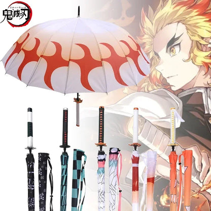 Demon Slayer Katana Umbrella Kimetsu Long Rain Parasol UV Blocking Anime Samurai Style Cosplay Display Photo Prop Long Handle