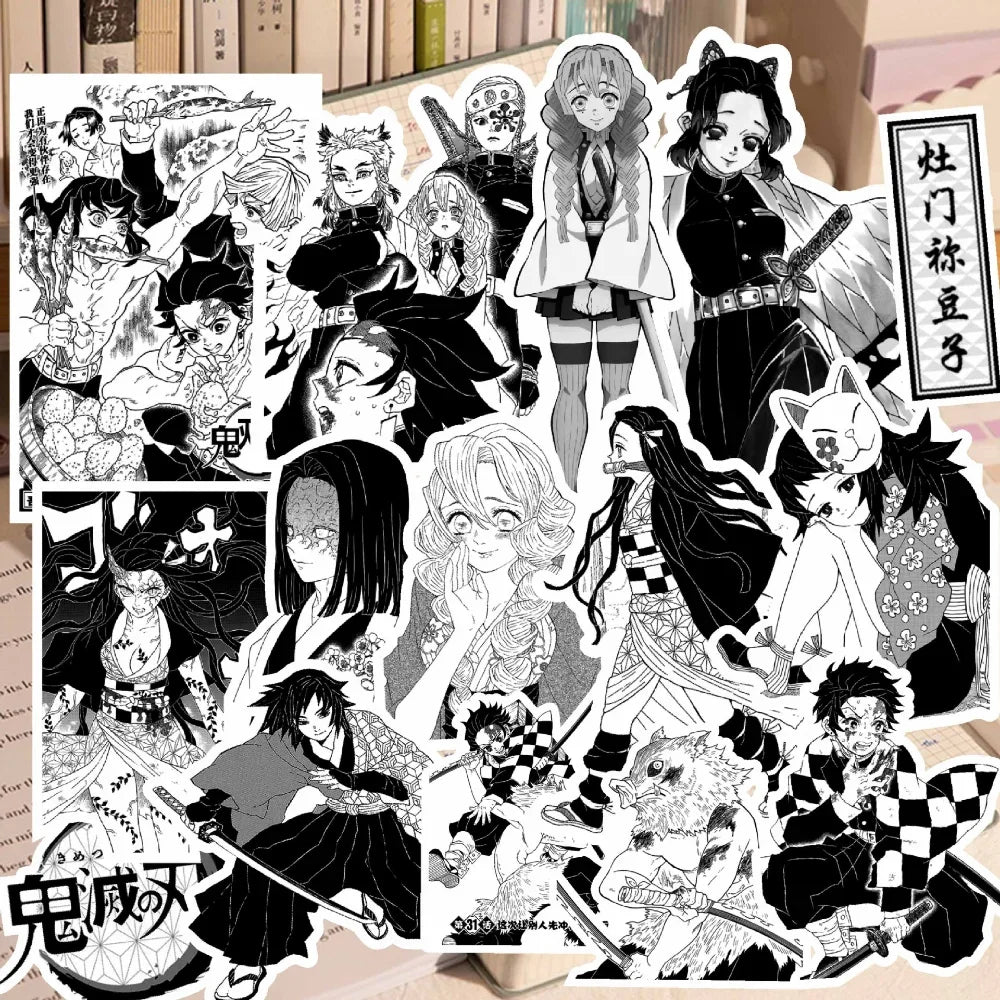 10/65pcs Anime Demon Slayer Black and White Stickers DIY Bike Travel Luggage Laptop Graffiti Cool Cartoon Kamado Nezuko Sticker