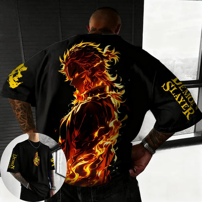 Demon Slayer Anime Rengoku Kyoujurou Printed T-shirt Summer New Men's Japanese Harajuku Loose Casual Children's Parent Child Top