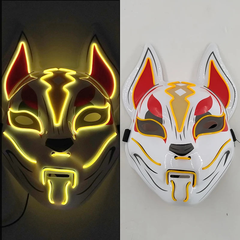Glowing  Demon Slayer Mask Cosplay Japanese Cartoon Neon Light Samurai Mascara Luminous Led Fox Mask For Halloween Christmas