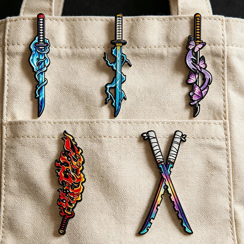 5Pcs Demon Slayer Nichirin Swords Enamel Pins Set Anime Cosplay Badges Collectible Brooches for Water Flame Thunder Hashira Fans