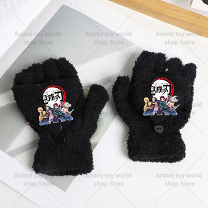 Demon Slayer Gloves Girl Boy Half Finger Flip Gloves Kamado Tanjirou Winter Outdoor Accessories Mittens Children Birthday Gifts