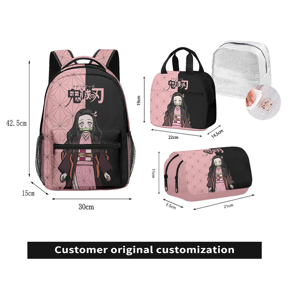 Anime Demon Slayer Kamado Nezuko 3Pcs School Bag Set Kids Backpack with Lunch Bag Pencil Case for Students Casual Travel Bookbag